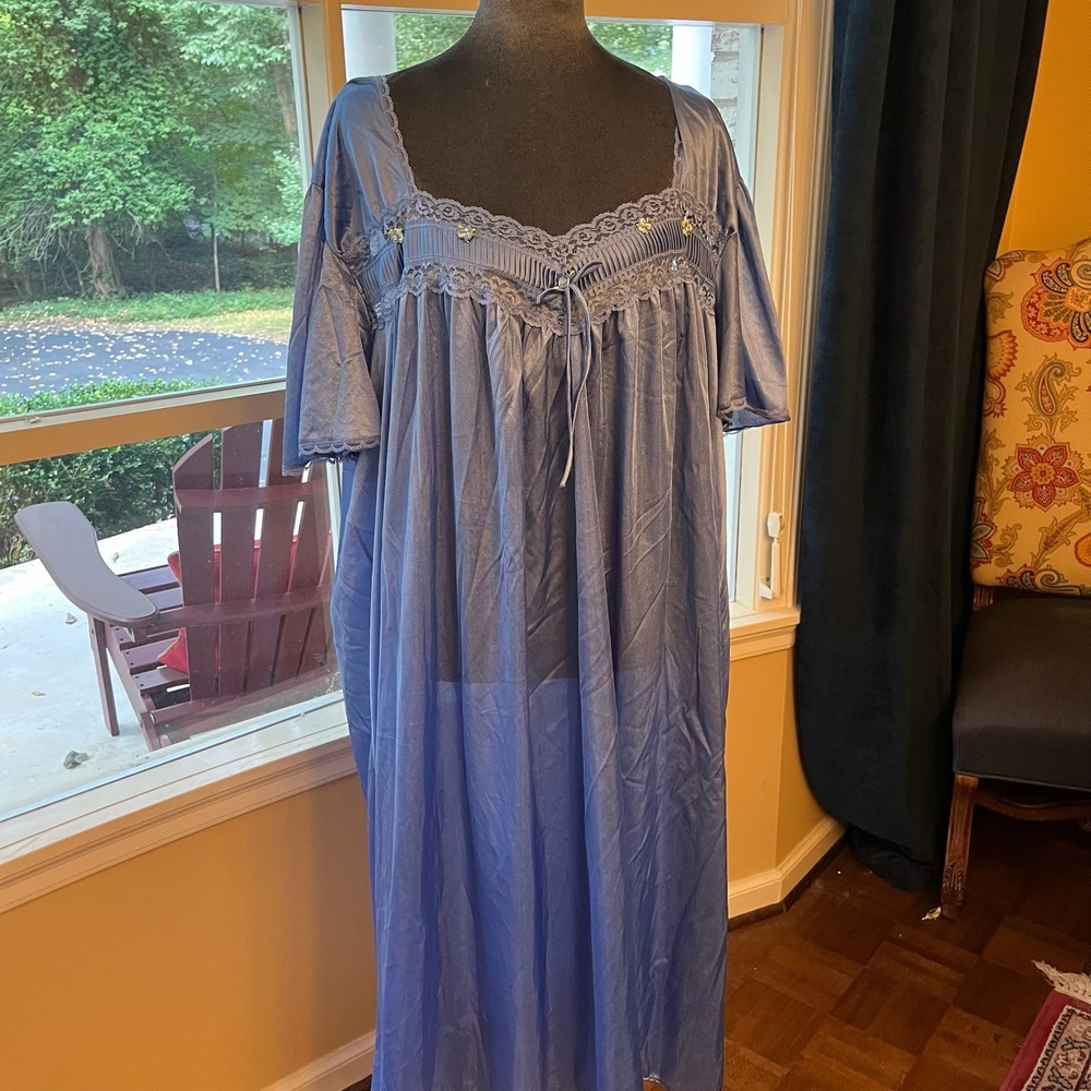 1.1.e.1 Comfort Choice 2X Blue Nylon Long Nightgown Lace Floral Flutter Sleeves